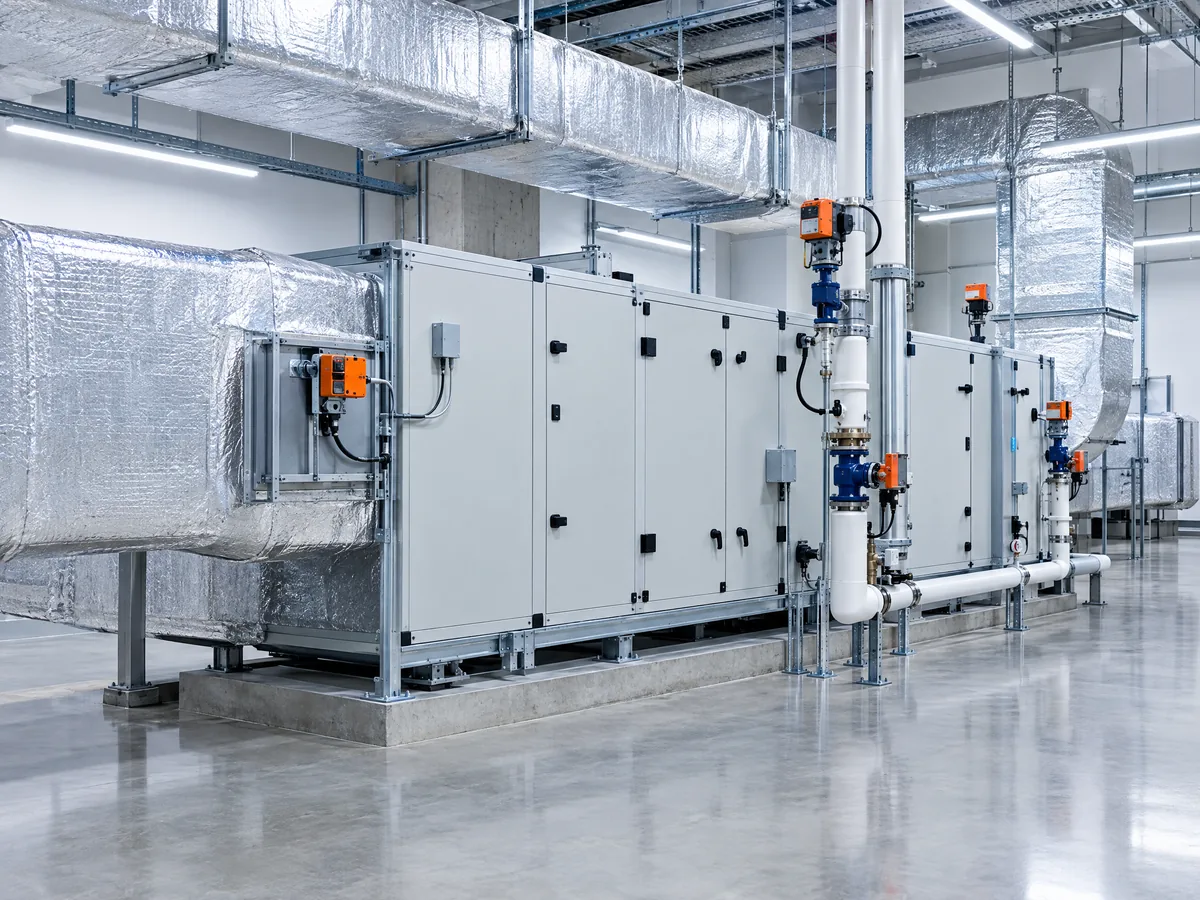 Illustration of a mechanical room: an air handling unit with damper actuators and control valves