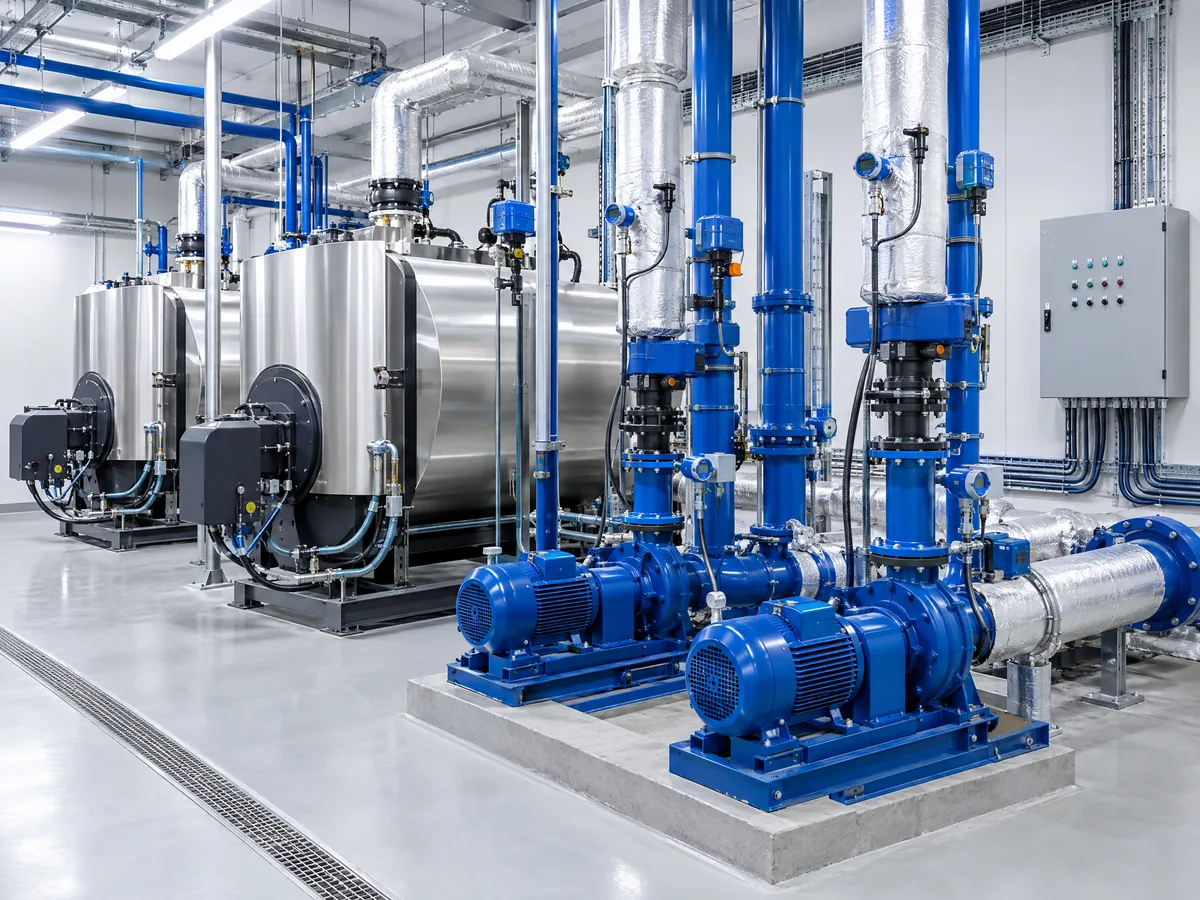 Illustration of a boiler and pump room with valve actuators and sensors wired to a control panel