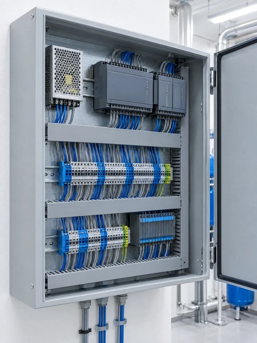 Illustration of a building automation control panel: controllers on DIN rail with dressed low-voltage wiring and terminal blocks