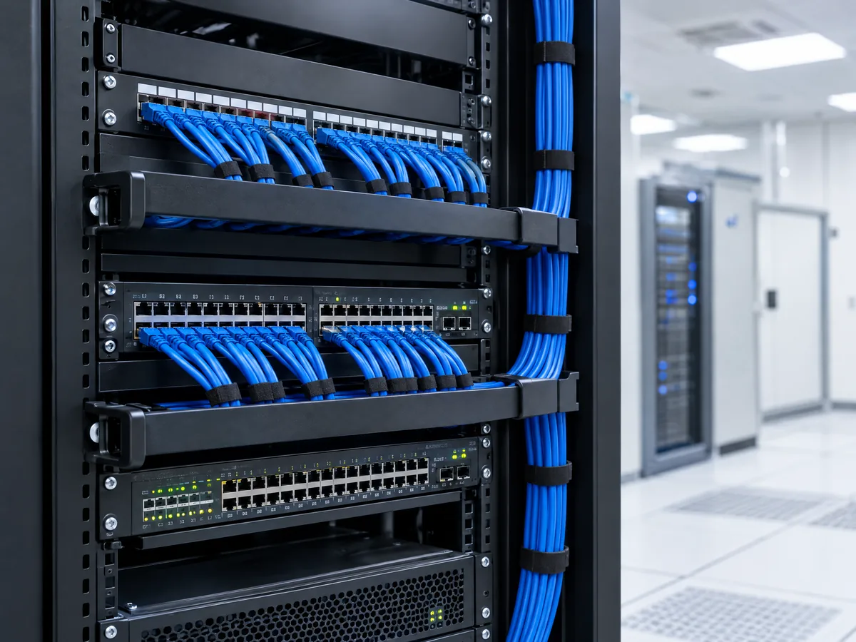 Illustration of a controls network: Ethernet patch cables dressed into a rack