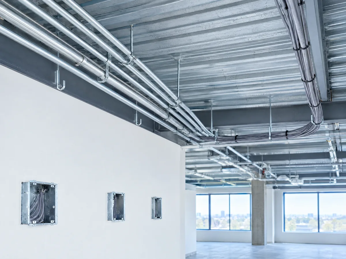 Illustration of controls rough-in: conduit and low-voltage cable on J-hooks in an open commercial ceiling