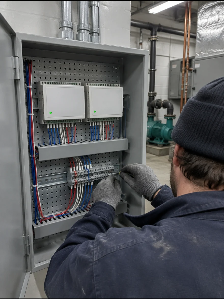 Illustration of controls installation: a technician terminating low-voltage control wiring in a panel